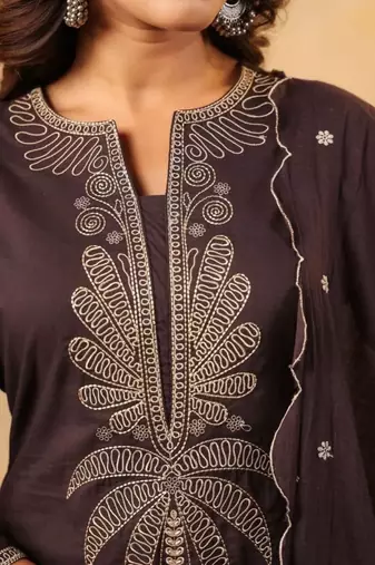 Dark brown pure cotton embroidered kurta set with farsi salwar