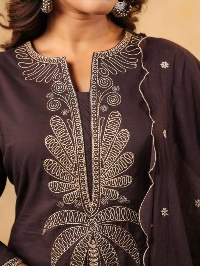 Dark brown pure cotton embroidered kurta set with farsi salwar