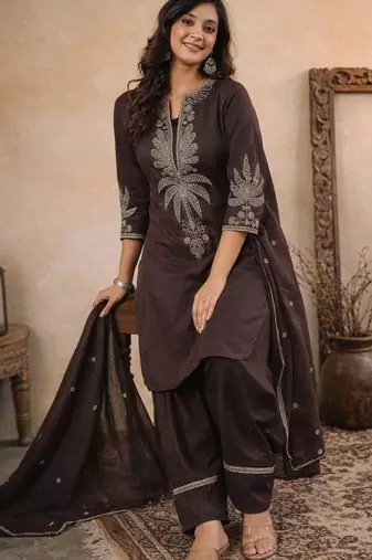 Dark brown pure cotton embroidered kurta set with farsi salwar