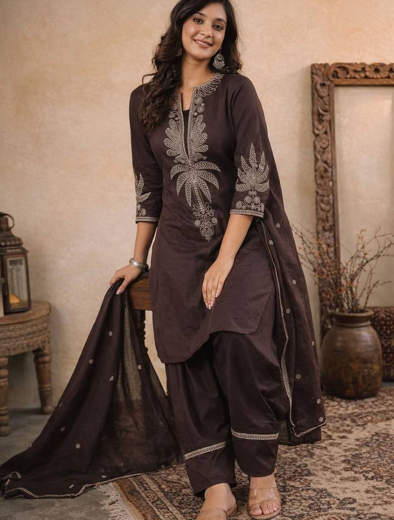 Dark brown pure cotton embroidered kurta set with farsi salwar