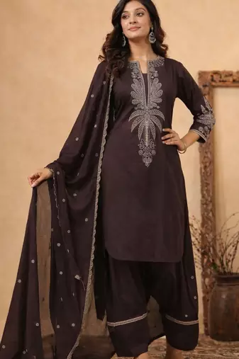 Dark brown pure cotton embroidered kurta set with farsi salwar