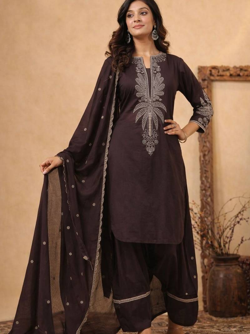 Dark brown pure cotton embroidered kurta set with farsi salwar