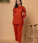 Rust pure cotton kurta pant set with floral embroidery