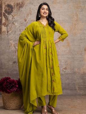 Olive green mul cotton anarkali set with floral embroidery     festive wear 1