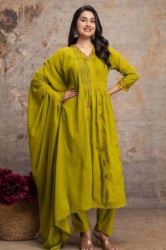 Olive green mul cotton anarkali set with floral embroidery – festive wear