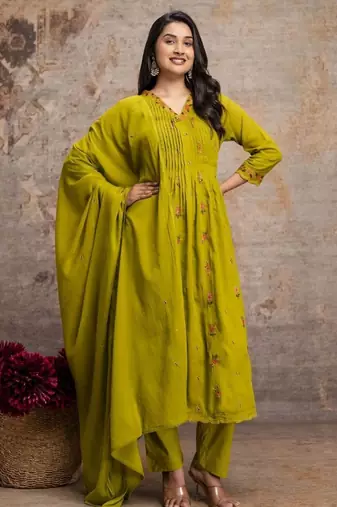 Olive green mul cotton anarkali set with floral embroidery – festive wear