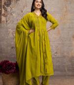 Olive green mul cotton anarkali set with floral embroidery – festive wear