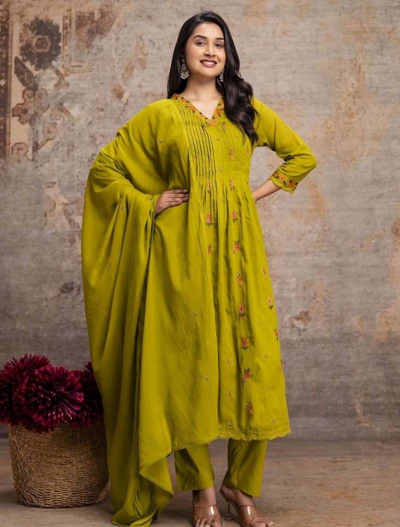 Olive green mul cotton anarkali set with floral embroidery – festive wear