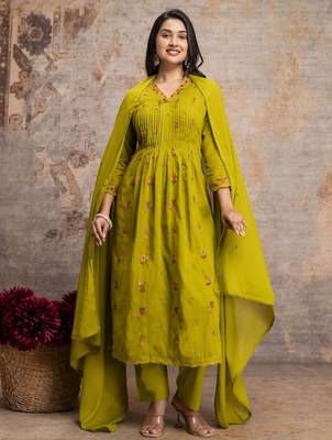 Olive green mul cotton anarkali set with floral embroidery     festive wear 2