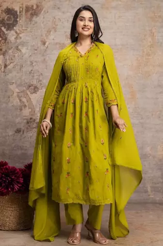 Olive green mul cotton anarkali set with floral embroidery – festive wear