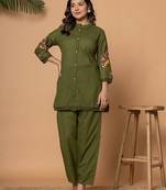 Olive green pure cotton kurta pant set with floral embroidery