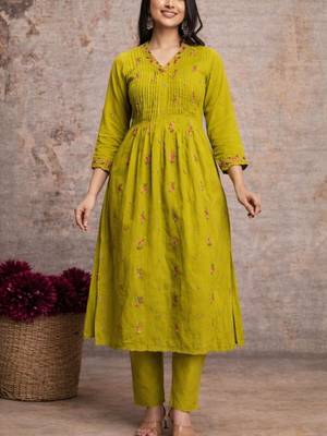 Olive green mul cotton anarkali set with floral embroidery     festive wear 3