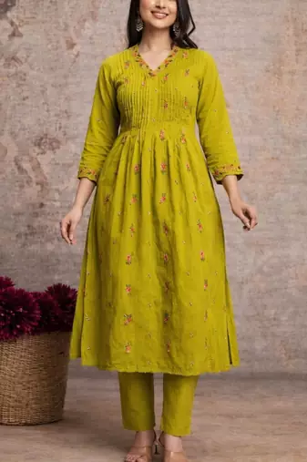 Olive green mul cotton anarkali set with floral embroidery – festive wear