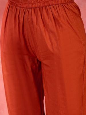 Rust pure cotton kurta pant set with floral embroidery 4