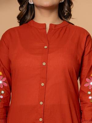 Rust pure cotton kurta pant set with floral embroidery 5