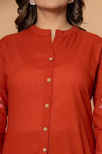 Rust pure cotton kurta pant set with floral embroidery