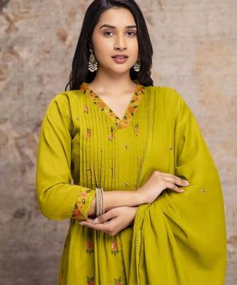 Olive green mul cotton anarkali set with floral embroidery     festive wear 4