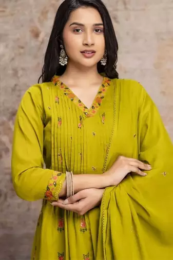 Olive green mul cotton anarkali set with floral embroidery – festive wear