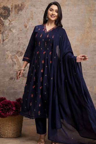 Teal blue mul cotton anarkali set with floral embroidery – festive wear