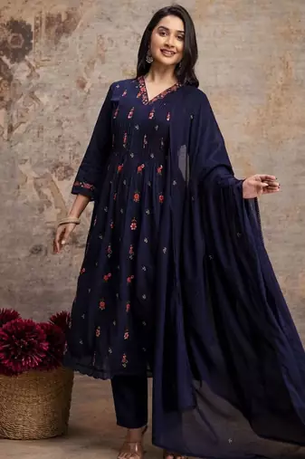 Teal blue mul cotton anarkali set with floral embroidery – festive wear