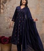 Teal blue mul cotton anarkali set with floral embroidery – festive wear