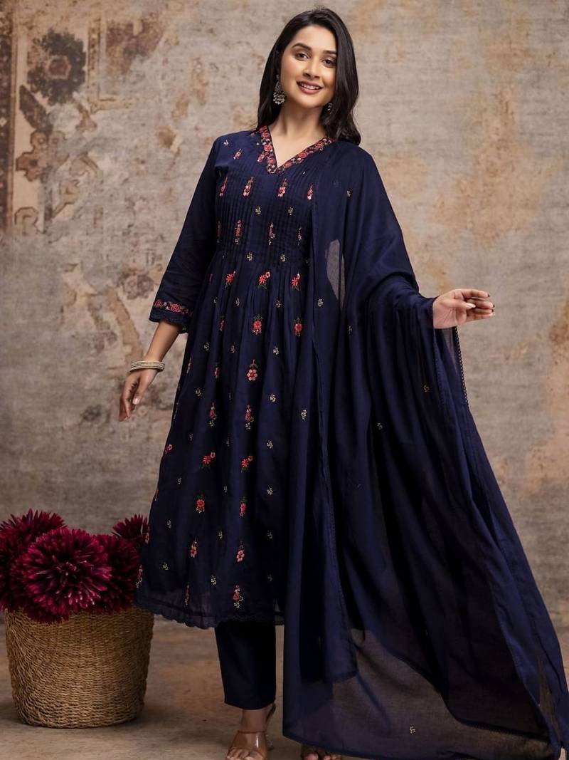 Teal blue mul cotton anarkali set with floral embroidery – festive wear