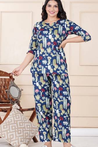 Navy blue cotton co-ord set with floral & cactus print – casual wear