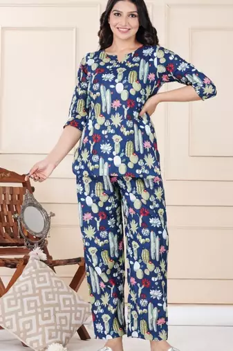 Navy blue cotton co-ord set with floral & cactus print – casual wear
