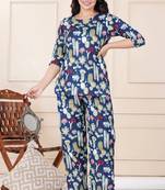 Navy blue cotton co-ord set with floral & cactus print – casual wear
