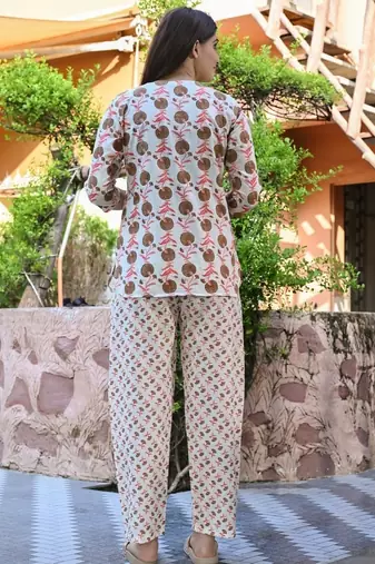 Off white cotton co-ord set with rustic floral buta print     casual wear