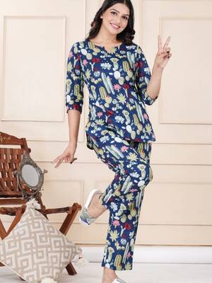 Navy blue cotton co-ord set with floral & cactus print     casual wear 2