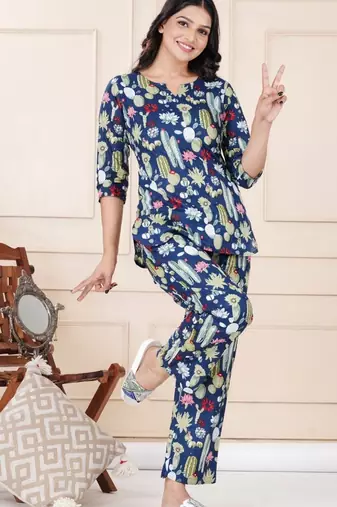 Navy blue cotton co-ord set with floral & cactus print     casual wear