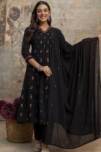 Black mul cotton anarkali set with floral embroidery – festive wear