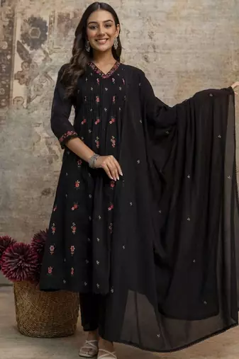 Black mul cotton anarkali set with floral embroidery – festive wear