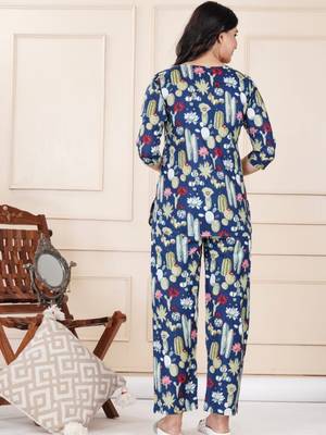 Navy blue cotton co-ord set with floral & cactus print     casual wear 3