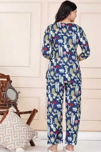 Navy blue cotton co-ord set with floral & cactus print     casual wear