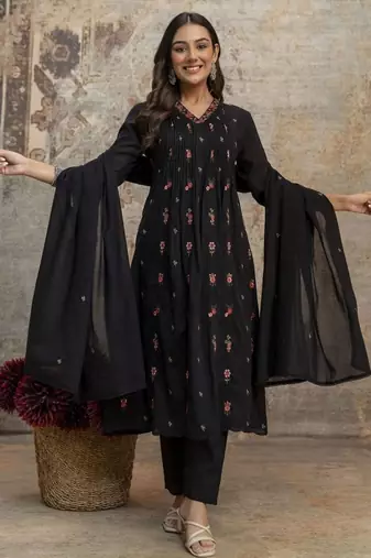 Black mul cotton anarkali set with floral embroidery – festive wear