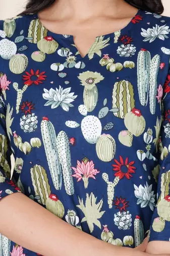 Navy blue cotton co-ord set with floral & cactus print     casual wear