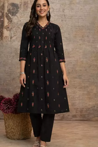 Black mul cotton anarkali set with floral embroidery – festive wear