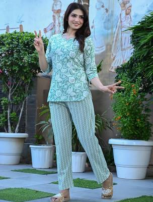 Mint green cotton co-ord set with floral print     casual wear 2