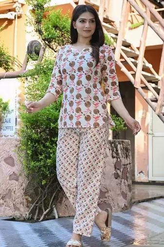 Off white cotton co-ord set with rustic floral buta print     casual wear