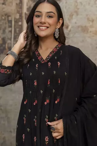 Black mul cotton anarkali set with floral embroidery – festive wear