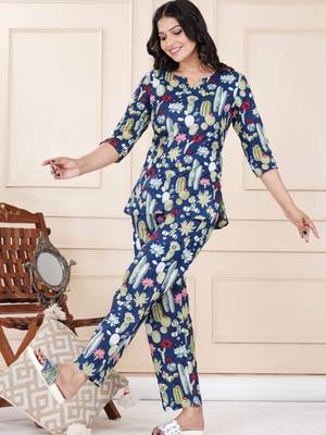 Navy blue cotton co-ord set with floral & cactus print     casual wear 5