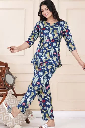 Navy blue cotton co-ord set with floral & cactus print     casual wear