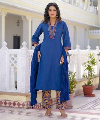 Royal blue premium cotton kurta set with handworked embroidered neckline 1