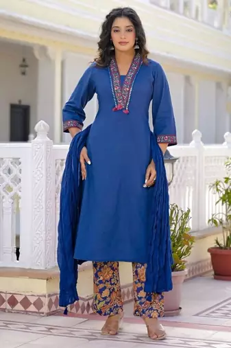 Royal blue premium cotton kurta set with handworked embroidered neckline