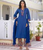 Royal blue premium cotton kurta set with handworked embroidered neckline