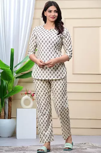 Beige cotton co-ord set with ethnic buta print – casual wear