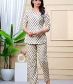 Beige cotton co-ord set with ethnic buta print – casual wear