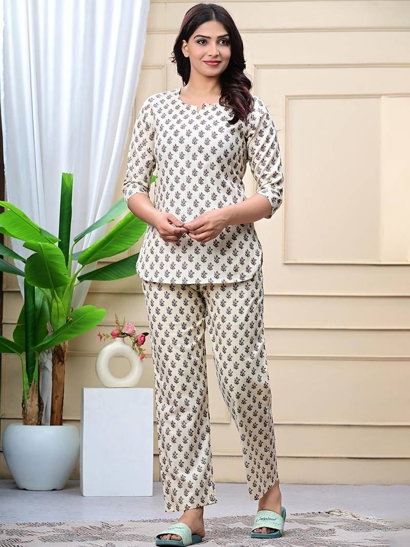 Beige cotton co-ord set with ethnic buta print – casual wear